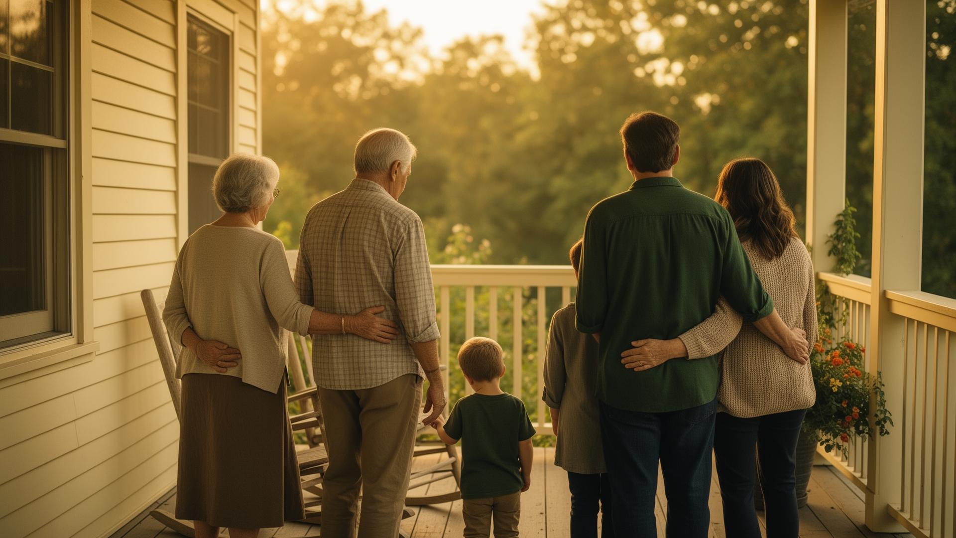Multi-generational family on a porch at golden hour